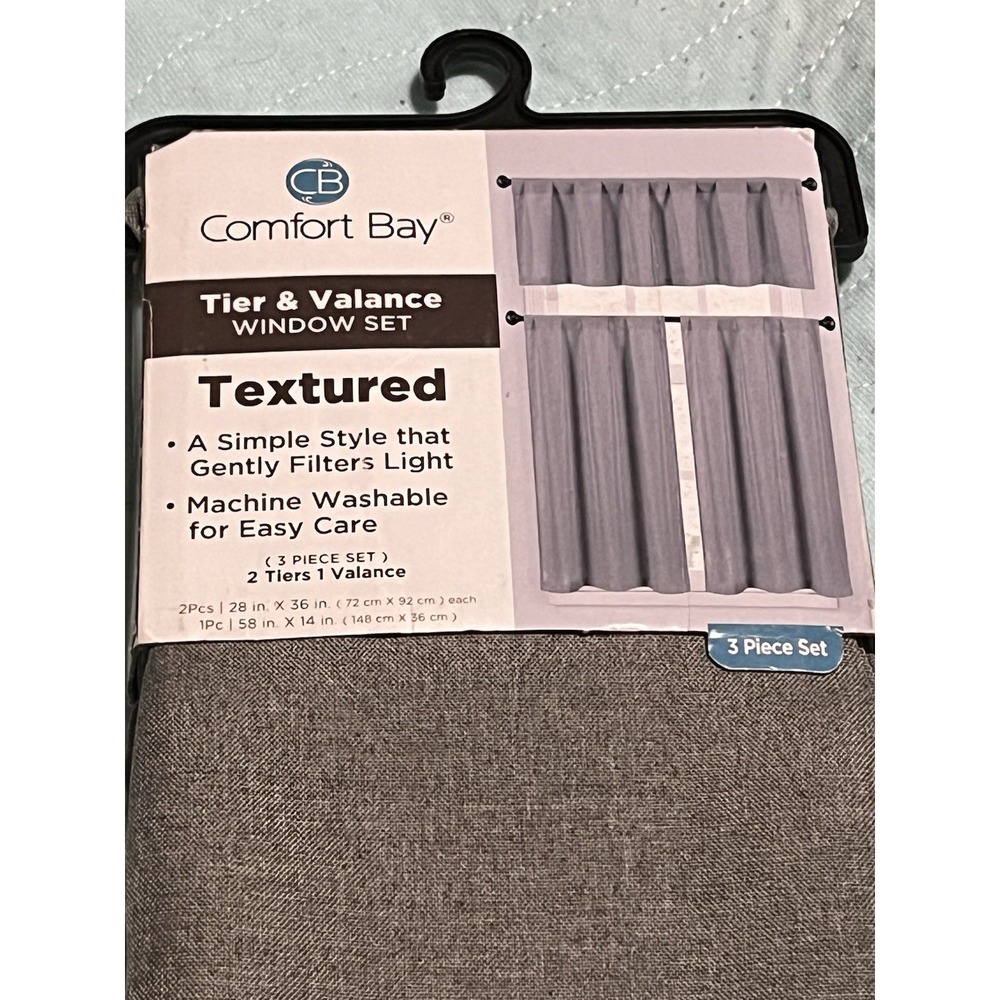 COMFORT BAY~GRAY~TEXTURED~3 PIECE TIER & VALANCE CURTAIN SET~NEW~ROD POCKET - Picture 3 of 7